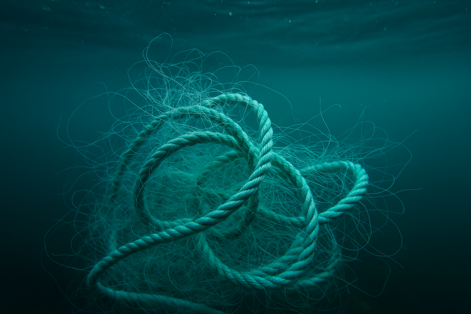 Filet de pêche abandonné flottant sous la surface de l’eau, vu en immersion, avec des fibres et cordages turquoise en suspension dans un environnement marin profond.