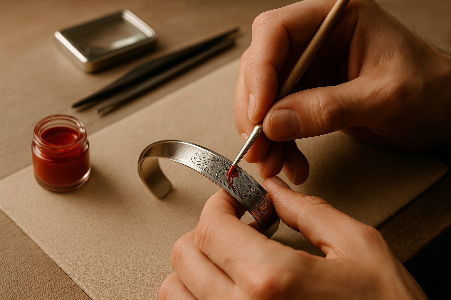 gros plan photoréaliste d’un artisan bijoutier appliquant délicatement de l’émail rouge sur un bracelet gravé en argent, lumière chaude naturelle, symbole du travail minutieux Vespun
