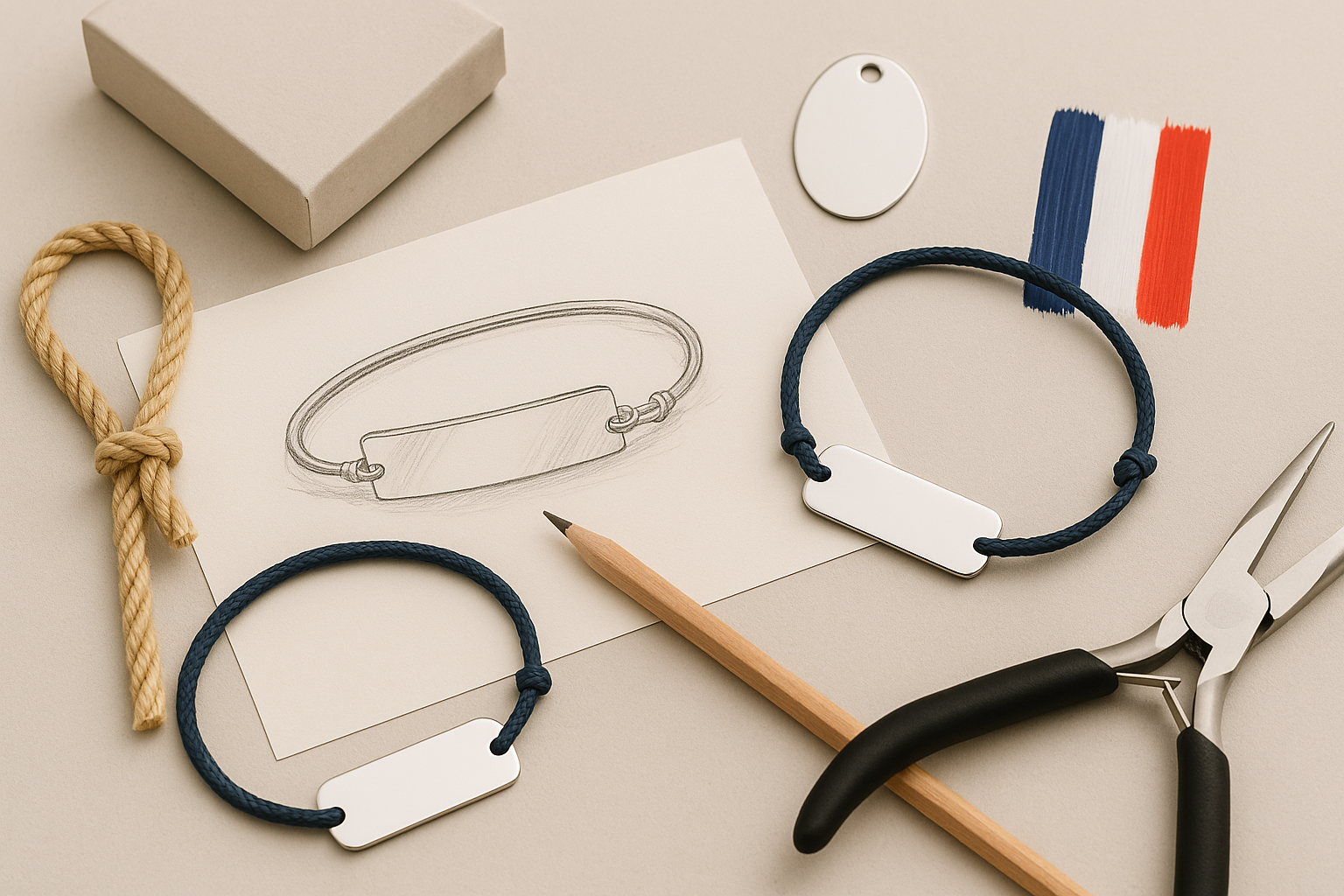 Espace de création Vespun avec croquis de bracelet, modèles finalisés, cordon bleu, outils d’artisan et couleurs bleu-blanc-rouge évoquant la fabrication française.