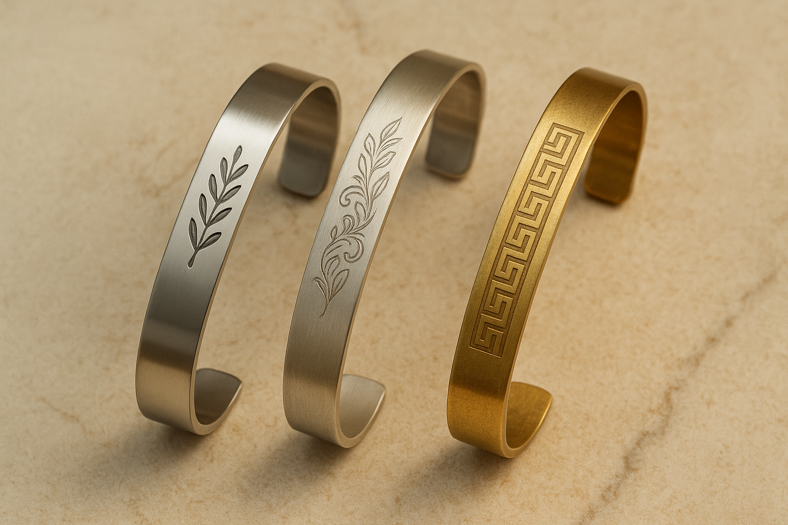 trois bracelets gravés posés sur une surface beige : acier inoxydable argenté, argent 925 et laiton doré, montrant la diversité et la durabilité des matériaux utilisés dans la gravure artisanale Vespun
