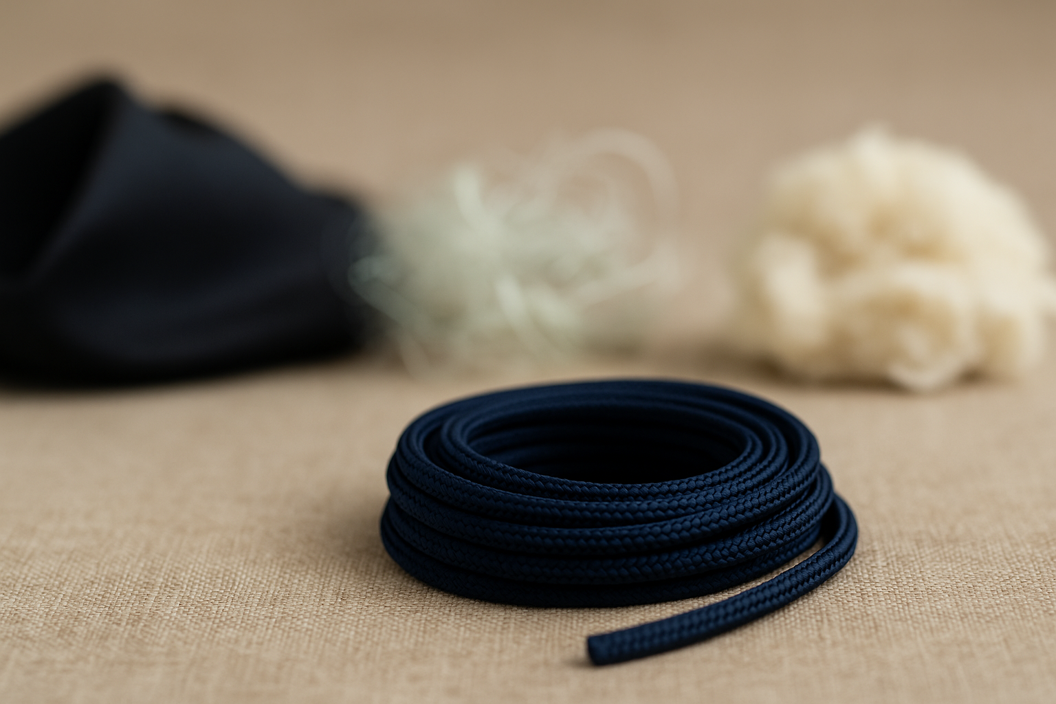 Cordon bleu marine en Éconyl posé sur un tissu beige, avec en arrière-plan flou des matières naturelles et synthétiques illustrant le contraste entre différentes fibres.