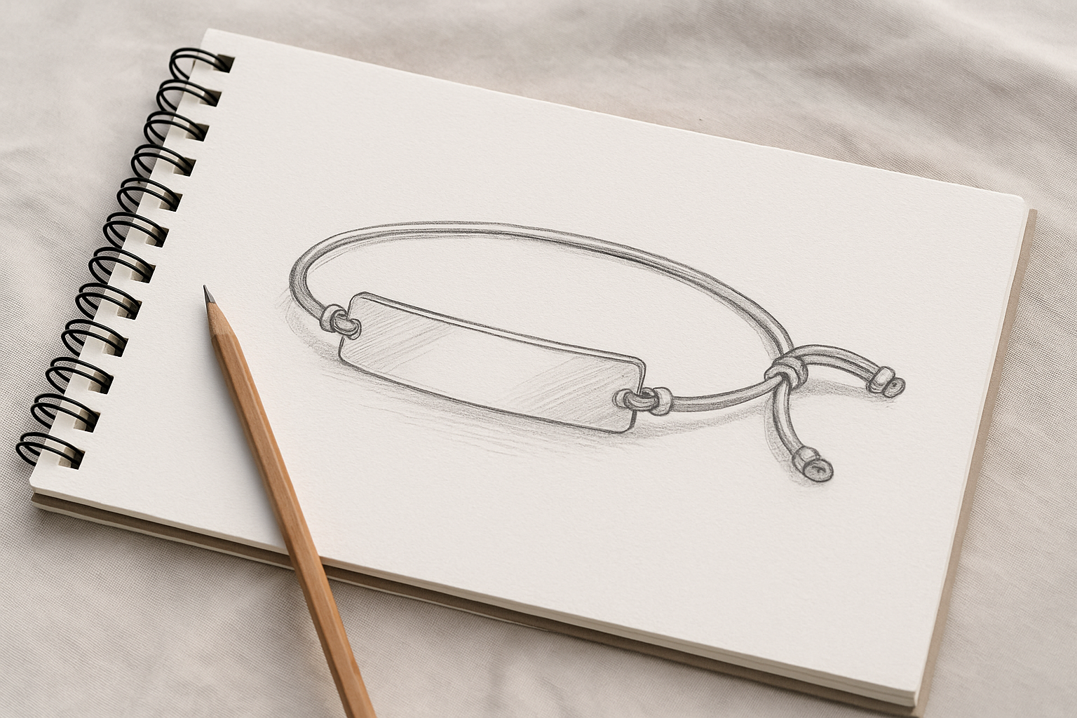 Croquis au crayon d’un bracelet Vespun avec plaque centrale, dessiné dans un carnet d’esquisses posé sur un tissu doux.