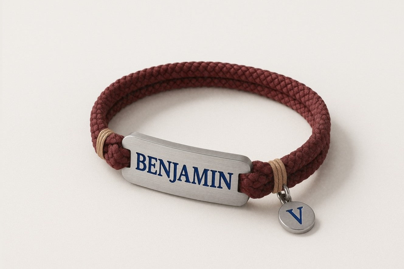 Bracelet vespun gravé "Benjamin", cordon bordeux, estampillé