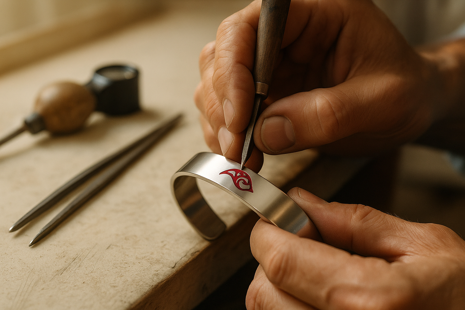 gros plan d’un artisan gravant à la main un bijou en acier inoxydable, éclairage doux, émail rouge en finition, symbole du savoir-faire Vespun