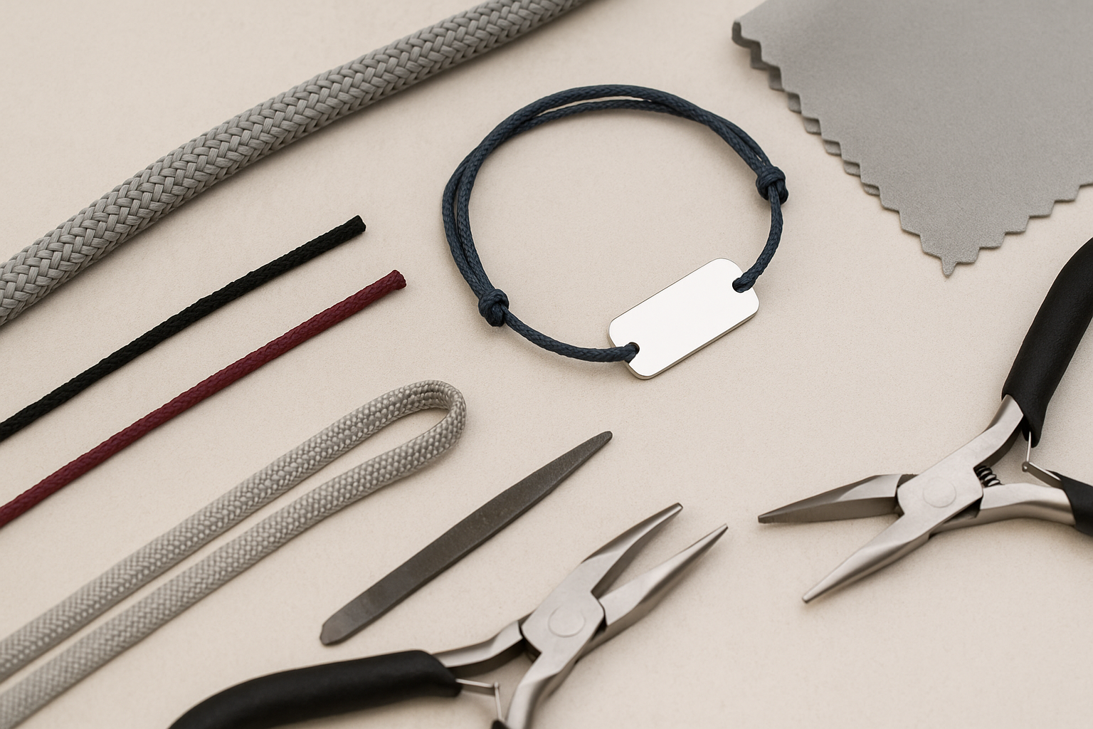 Atelier de création Vespun avec tresse tubulaire 5 mm, cordons de différentes couleurs, bracelet personnalisé et outils d’artisan, posé sur un fond beige avec un carré de tissu opticlean.