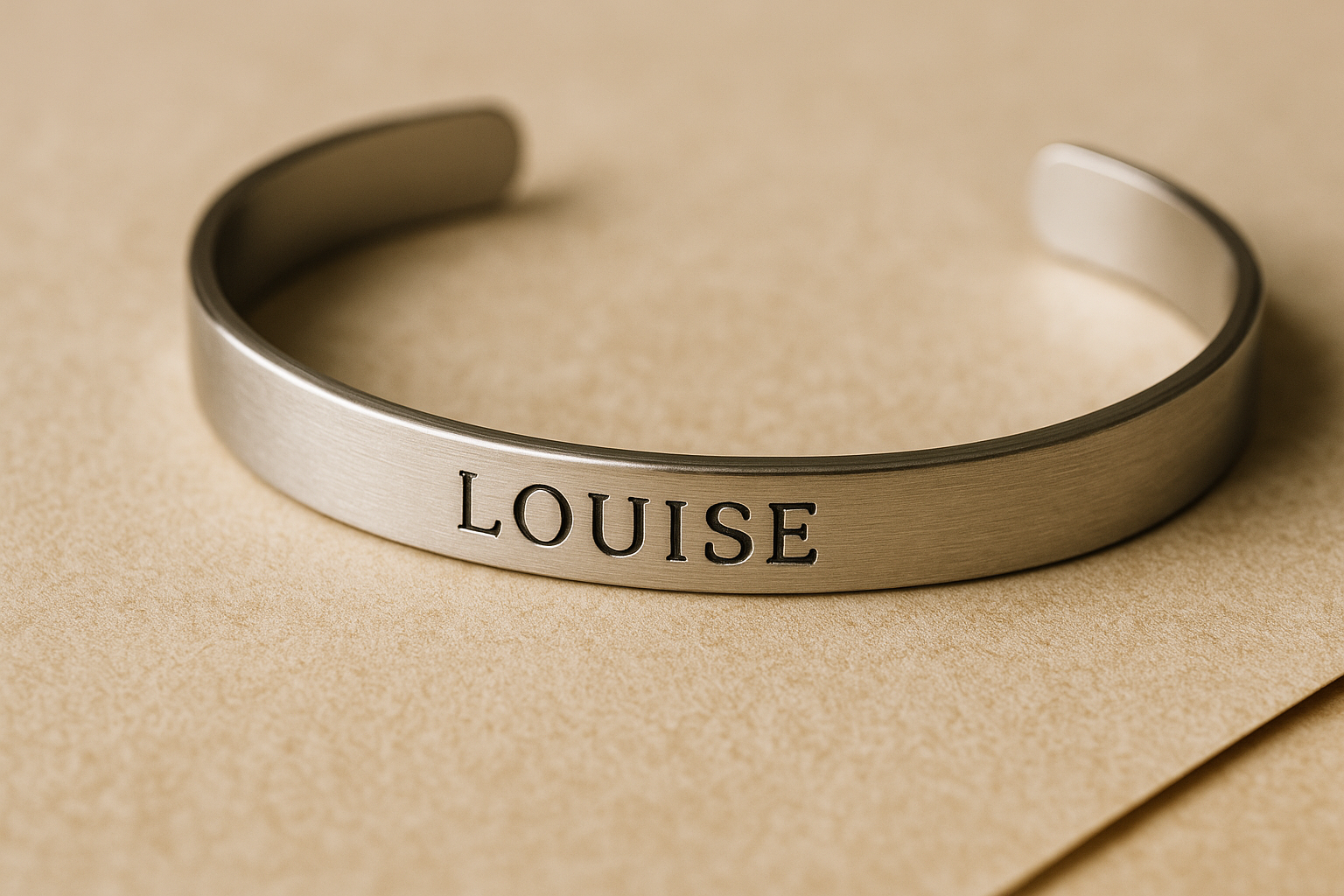 gros plan photoréaliste d’un bracelet en acier inoxydable gravé du prénom « Louise », posé sur un fond beige, lumière douce naturelle, symbole de la personnalisation artisanale Vespun