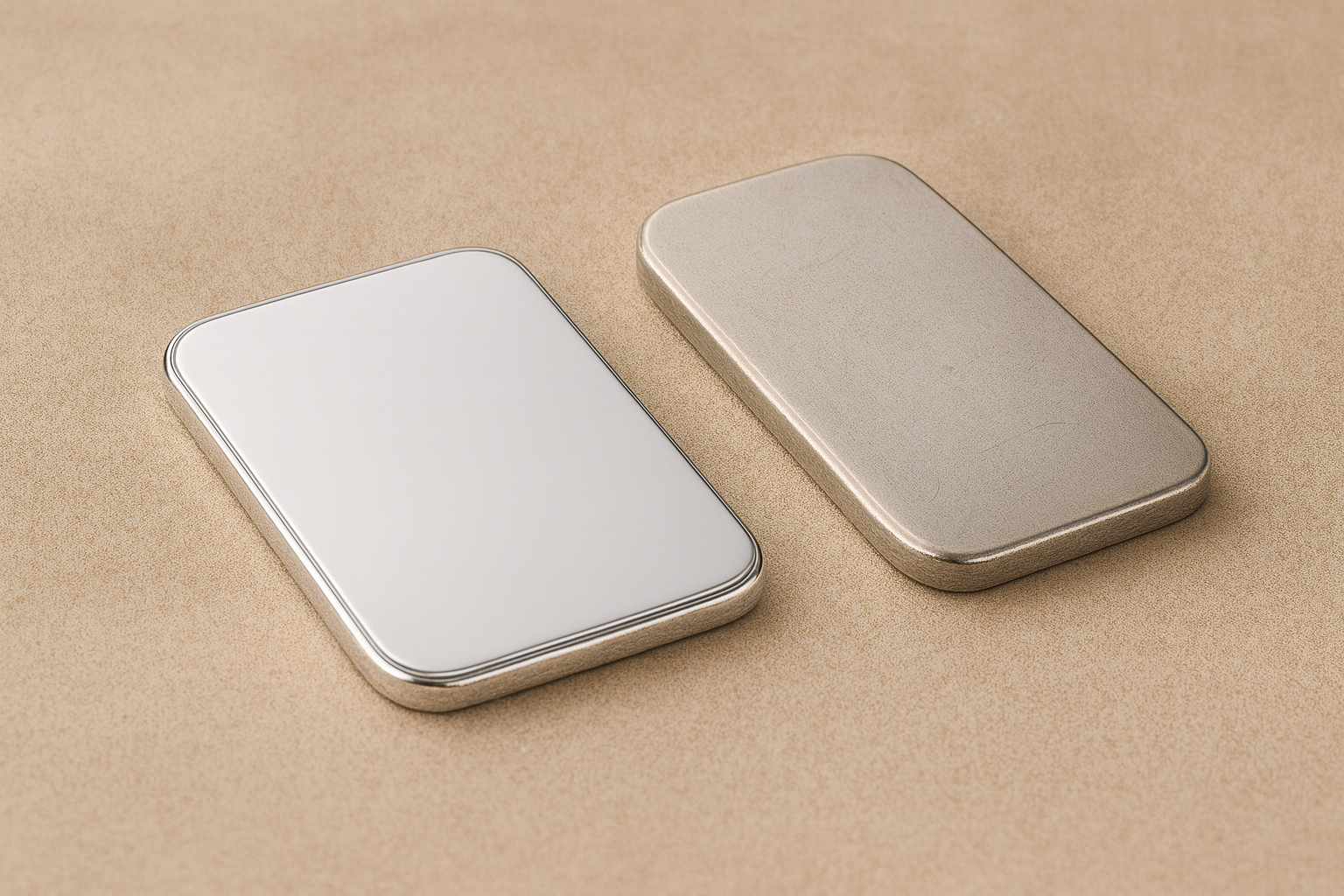 Deux plaques rectangulaires posées sur fond beige : à gauche une plaque en argent rhodié brillante, à droite une plaque en argent naturel légèrement patinée, montrant la différence visuelle entre les deux finitions.
