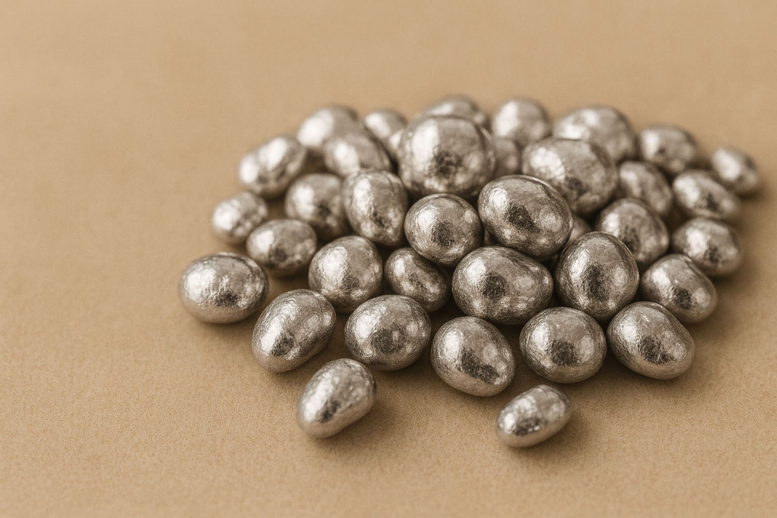 Gros plan sur des granulés de rhodium brut posés sur un fond beige, mettant en valeur l’aspect métallique texturé du matériau utilisé pour le rhodiage des bijoux.