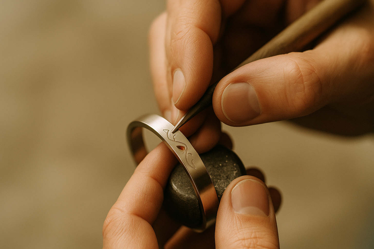 gros plan photoréaliste d’un artisan bijoutier gravant à la main un bracelet en acier inoxydable, lumière chaude naturelle, geste précis et soigné, symbole du savoir-faire Vespun