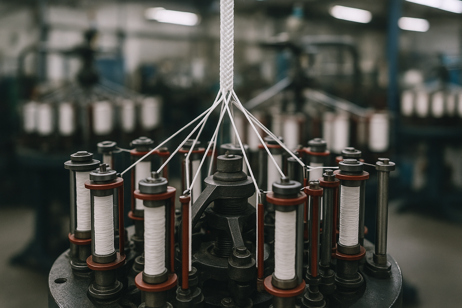 Vue rapprochée d’un métier à tresser avec ses bobines en mouvement formant une tresse blanche, représentant le processus de fabrication de cordons techniques.