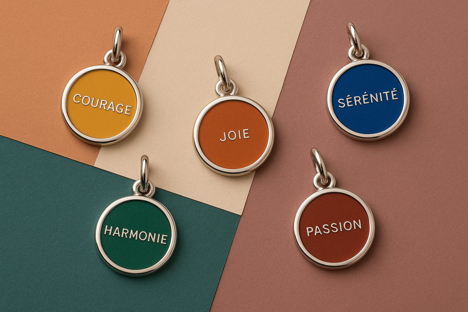 Cinq pendentifs ronds en métal poli Vespun présentés sur un fond coloré, illustrant différentes teintes symboliques associées aux émotions.