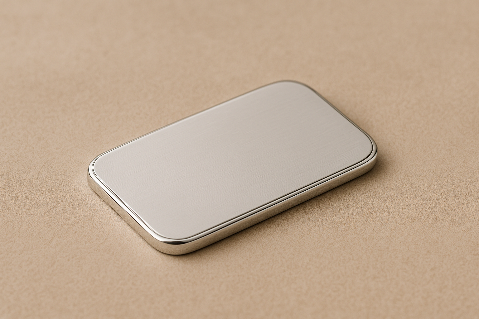 Plaque rectangulaire en argent rhodié posée sur un fond beige doux, montrant la surface lisse et la finition lumineuse du métal.