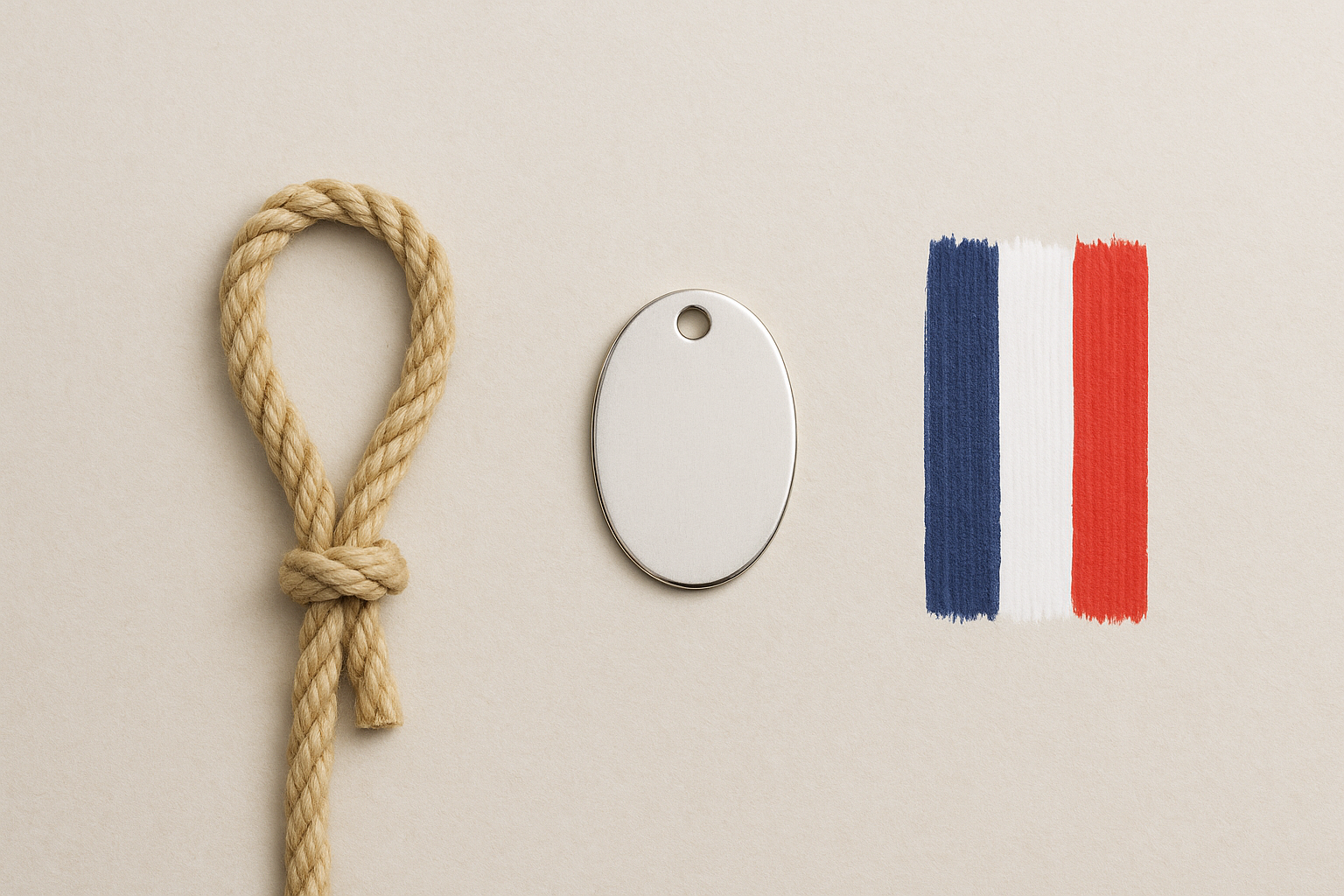 Composition représentant une corde nouée pour la résistance, une plaque métallique pour l’esthétique et trois traits bleu-blanc-rouge symbolisant la fabrication française.