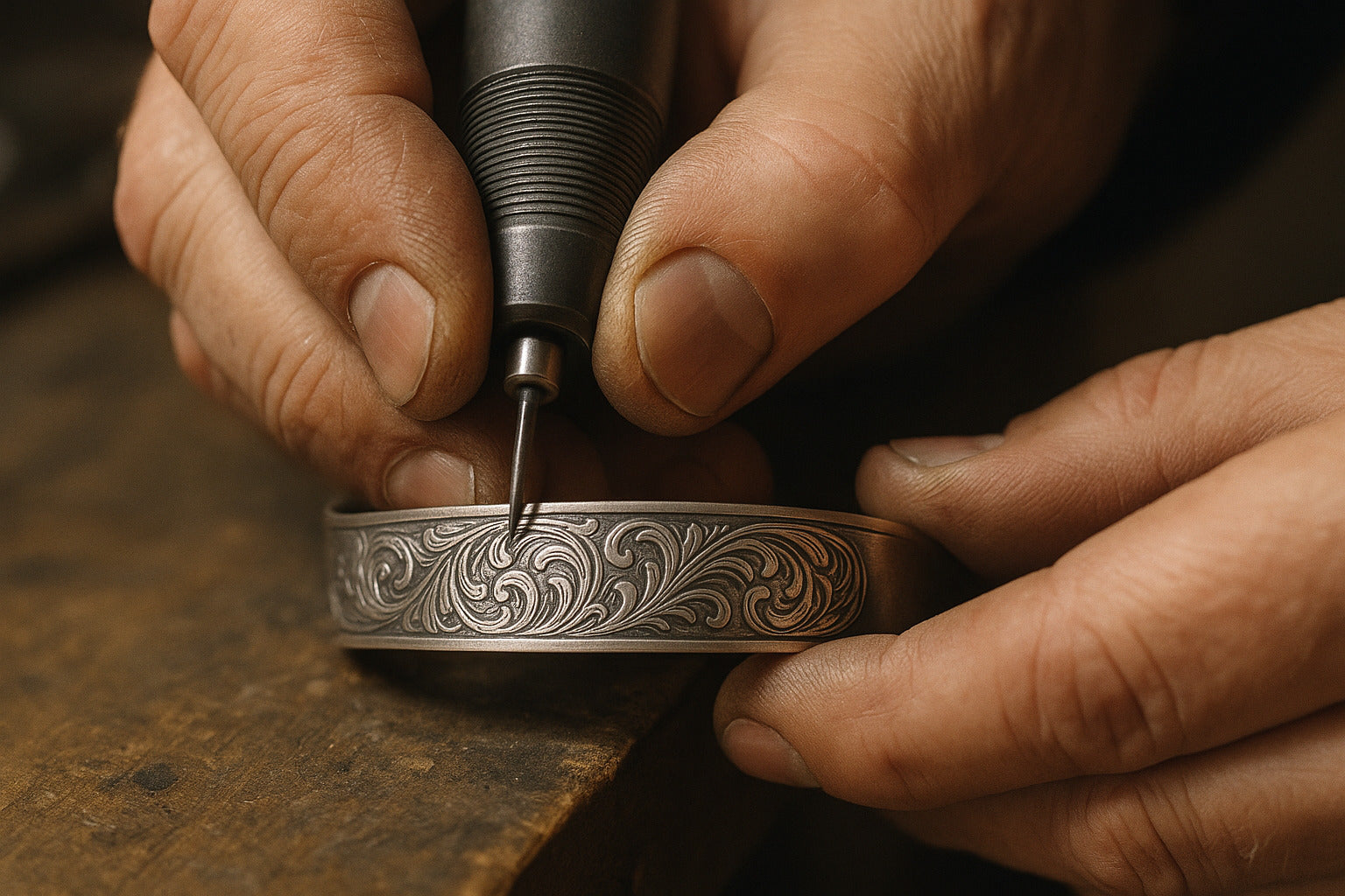 gravure artisanale sur bracelet en argent, gros plan main d’artisan, Vespun